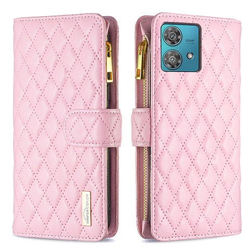 Leather Case Stands Flip Cover Holder B12F for Motorola Moto Edge 40 Neo 5G Rose Gold