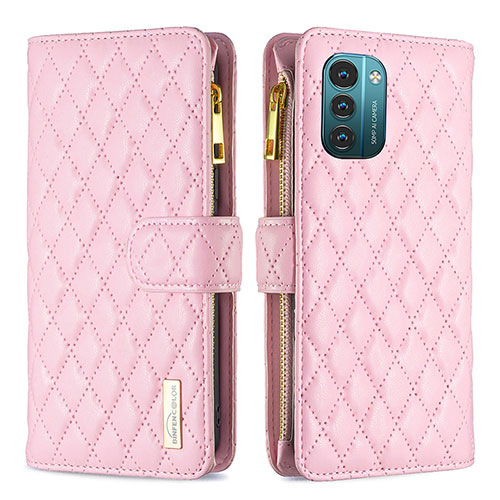 Leather Case Stands Flip Cover Holder B12F for Nokia G21 Rose Gold