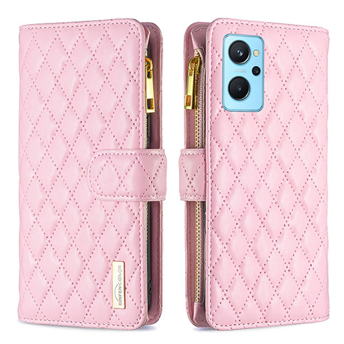 Leather Case Stands Flip Cover Holder B12F for Oppo A96 4G Rose Gold