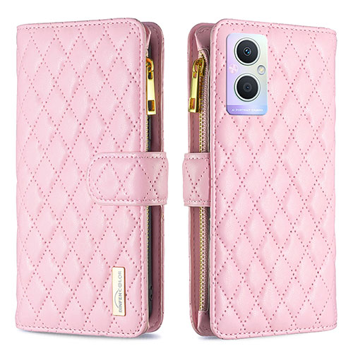 Leather Case Stands Flip Cover Holder B12F for Oppo A96 5G Rose Gold