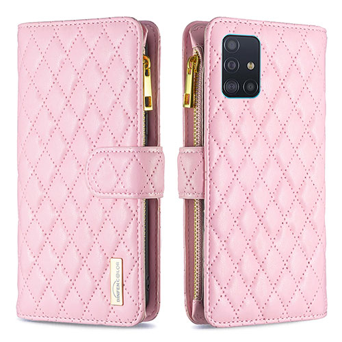 Leather Case Stands Flip Cover Holder B12F for Samsung Galaxy A51 4G Rose Gold