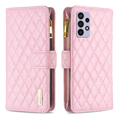 Leather Case Stands Flip Cover Holder B12F for Samsung Galaxy A72 4G Rose Gold