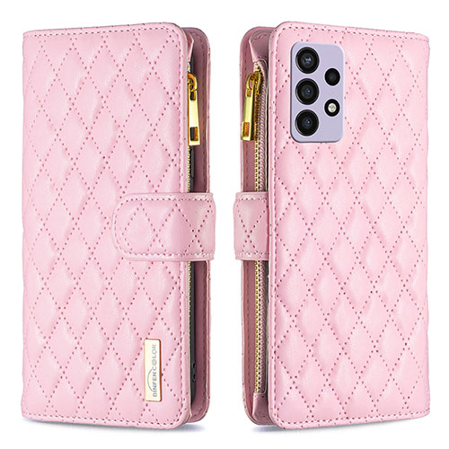 Leather Case Stands Flip Cover Holder B12F for Samsung Galaxy A72 5G Rose Gold