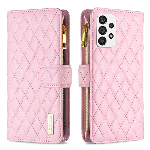 Leather Case Stands Flip Cover Holder B12F for Samsung Galaxy A73 5G Rose Gold