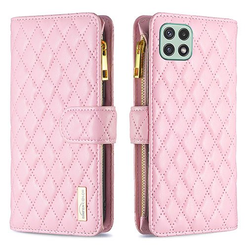 Leather Case Stands Flip Cover Holder B12F for Samsung Galaxy F42 5G Rose Gold