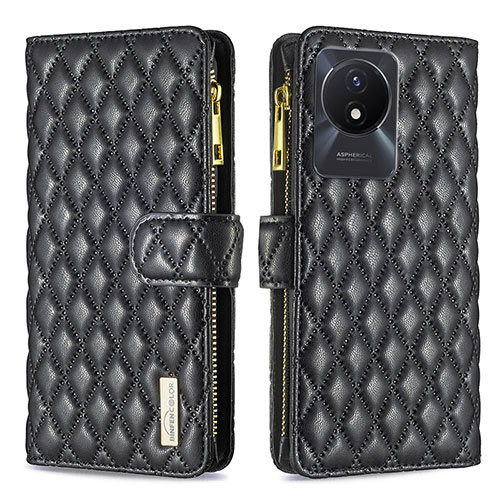 Leather Case Stands Flip Cover Holder B12F for Vivo Y02 Black