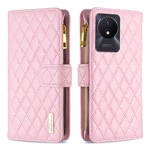 Leather Case Stands Flip Cover Holder B12F for Vivo Y02 Rose Gold