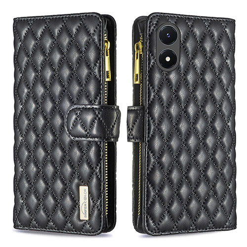 Leather Case Stands Flip Cover Holder B12F for Vivo Y02S Black