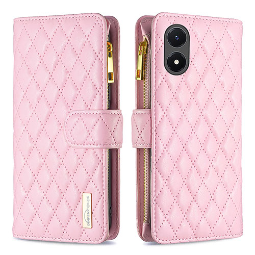 Leather Case Stands Flip Cover Holder B12F for Vivo Y02S Rose Gold