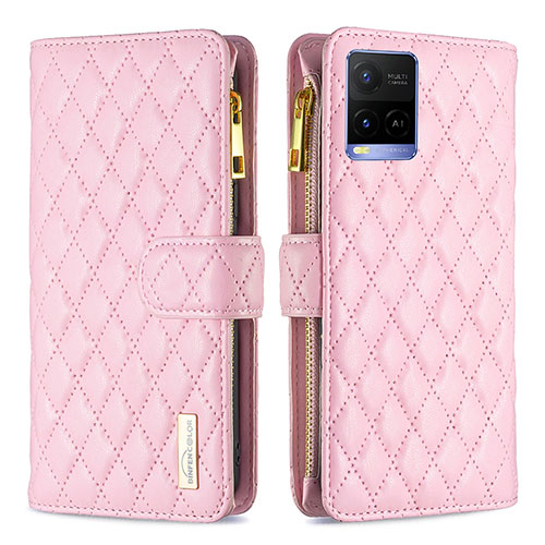 Leather Case Stands Flip Cover Holder B12F for Vivo Y21G Rose Gold