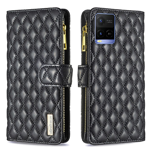 Leather Case Stands Flip Cover Holder B12F for Vivo Y21s Black