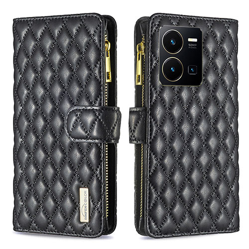 Leather Case Stands Flip Cover Holder B12F for Vivo Y35 4G Black