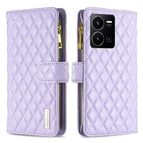 Leather Case Stands Flip Cover Holder B12F for Vivo Y35 4G Purple