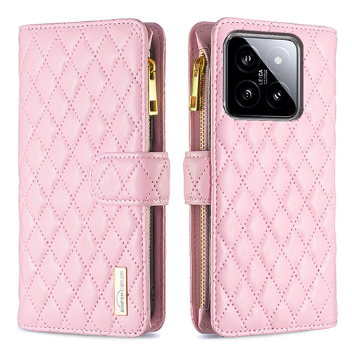 Leather Case Stands Flip Cover Holder B12F for Xiaomi Mi 14 5G Rose Gold