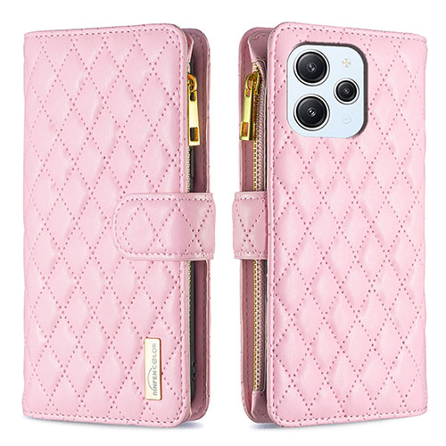 Leather Case Stands Flip Cover Holder B12F for Xiaomi Redmi 12 4G Rose Gold