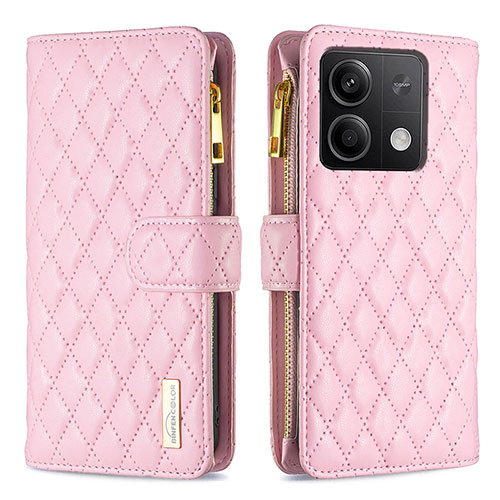 Leather Case Stands Flip Cover Holder B12F for Xiaomi Redmi Note 13 5G Rose Gold