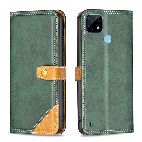 Leather Case Stands Flip Cover Holder B14F for Realme C21 Green