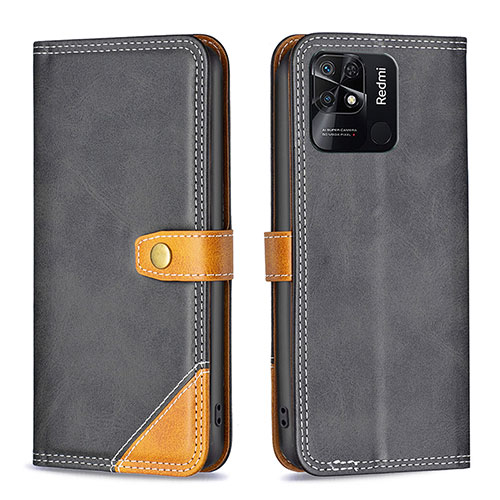 Leather Case Stands Flip Cover Holder B14F for Xiaomi Redmi 10 India Black