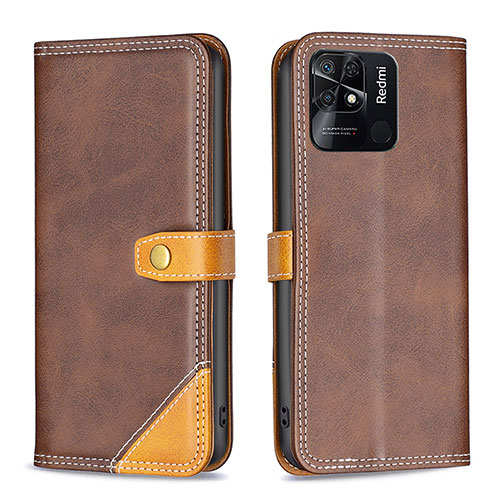 Leather Case Stands Flip Cover Holder B14F for Xiaomi Redmi 10 India Brown