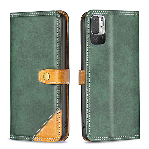 Leather Case Stands Flip Cover Holder B14F for Xiaomi Redmi Note 10T 5G Green