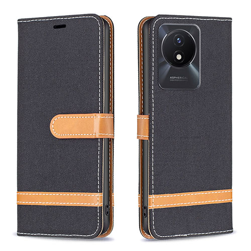 Leather Case Stands Flip Cover Holder B16F for Vivo Y02 Black