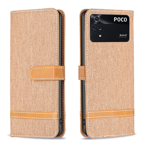 Leather Case Stands Flip Cover Holder B16F for Xiaomi Poco M4 Pro 4G Gold