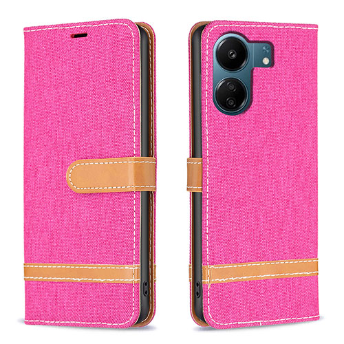 Leather Case Stands Flip Cover Holder B16F for Xiaomi Redmi 13C Hot Pink