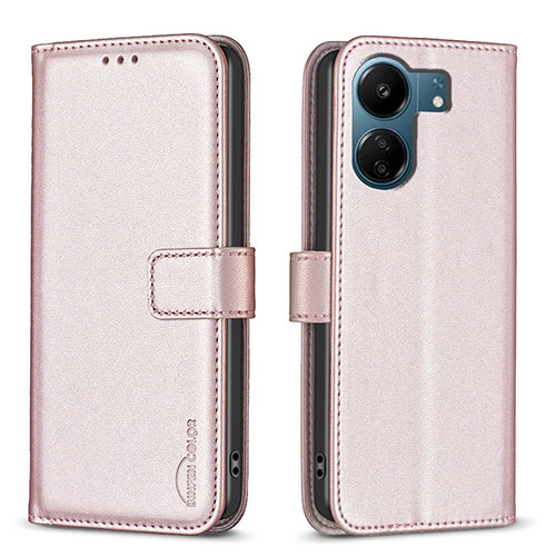 Leather Case Stands Flip Cover Holder B17F for Xiaomi Poco C65 Rose Gold