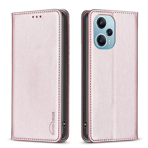 Leather Case Stands Flip Cover Holder B17F for Xiaomi Poco F5 5G Rose Gold