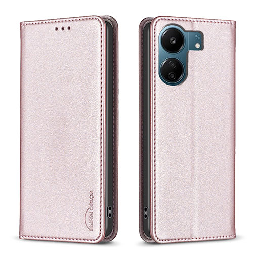 Leather Case Stands Flip Cover Holder B22F for Xiaomi Poco C65 Rose Gold