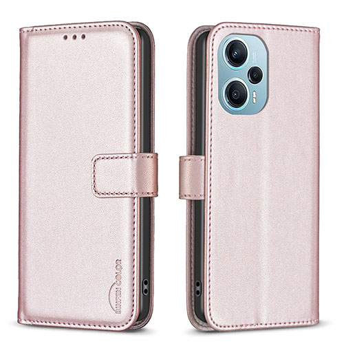 Leather Case Stands Flip Cover Holder B22F for Xiaomi Poco F5 5G Rose Gold