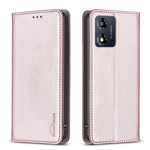 Leather Case Stands Flip Cover Holder B23F for Motorola Moto E13 Rose Gold