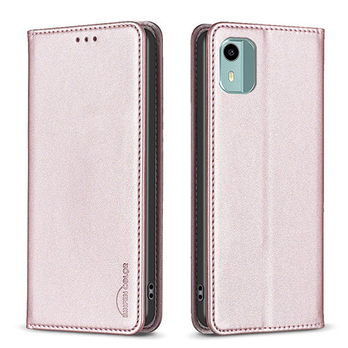 Leather Case Stands Flip Cover Holder B23F for Nokia C12 Pro Rose Gold