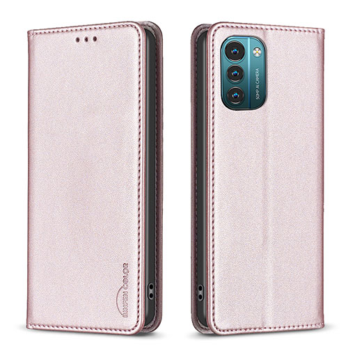 Leather Case Stands Flip Cover Holder B23F for Nokia G21 Rose Gold