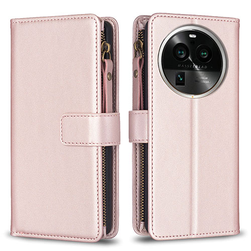 Leather Case Stands Flip Cover Holder B26F for Oppo Find X6 5G Rose Gold