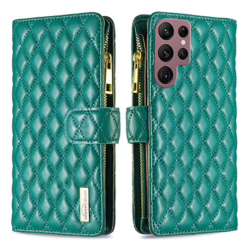 Leather Case Stands Flip Cover Holder BF1 for Samsung Galaxy S22 Ultra 5G Green