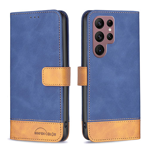 Leather Case Stands Flip Cover Holder BF1 for Samsung Galaxy S23 Ultra 5G Blue