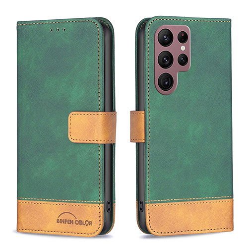 Leather Case Stands Flip Cover Holder BF1 for Samsung Galaxy S23 Ultra 5G Green