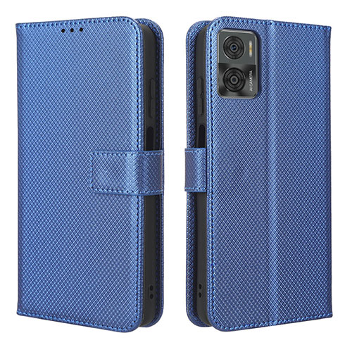 Leather Case Stands Flip Cover Holder BY1 for Motorola Moto E22 Blue