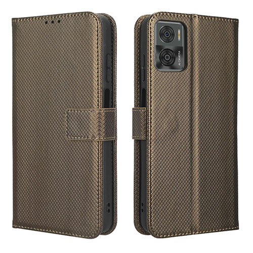 Leather Case Stands Flip Cover Holder BY1 for Motorola Moto E22 Brown