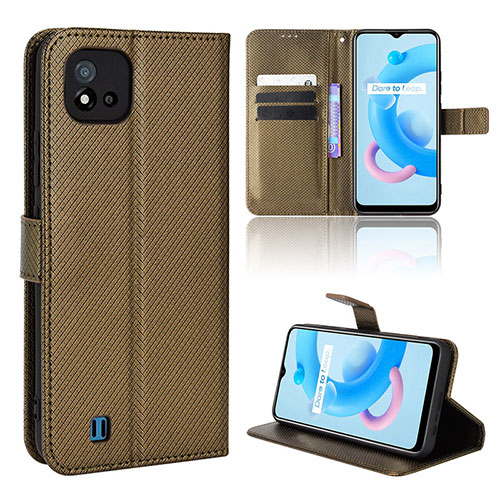 Leather Case Stands Flip Cover Holder BY1 for Realme C11 (2021) Brown