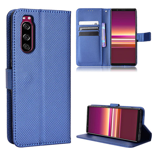 Leather Case Stands Flip Cover Holder BY1 for Sony Xperia 5 Blue