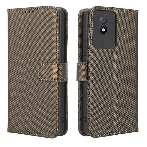 Leather Case Stands Flip Cover Holder BY1 for Vivo Y02 Brown