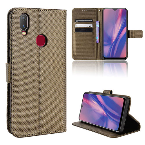 Leather Case Stands Flip Cover Holder BY1 for Vivo Y15 Brown