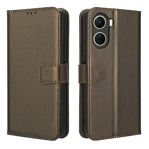 Leather Case Stands Flip Cover Holder BY1 for Vivo Y16 Brown