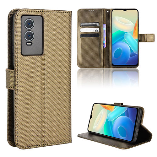 Leather Case Stands Flip Cover Holder BY1 for Vivo Y76s 5G Brown