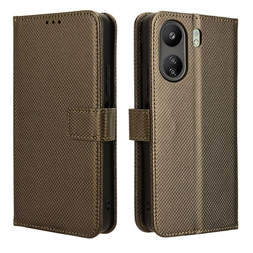 Leather Case Stands Flip Cover Holder BY1 for Xiaomi Poco C65 Brown