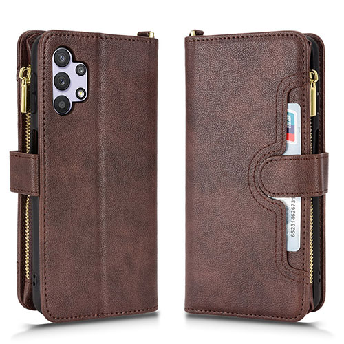 Leather Case Stands Flip Cover Holder BY2 for Samsung Galaxy A32 5G Brown