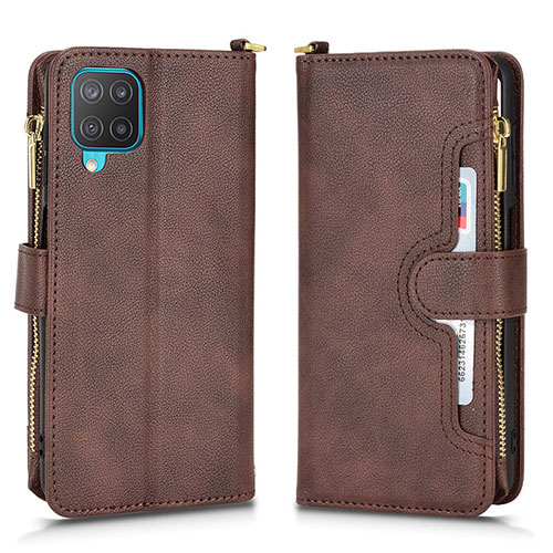 Leather Case Stands Flip Cover Holder BY2 for Samsung Galaxy M12 Brown