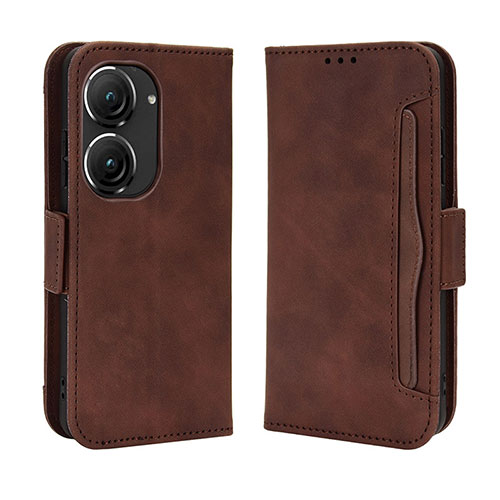 Leather Case Stands Flip Cover Holder BY3 for Asus Zenfone 9 Brown